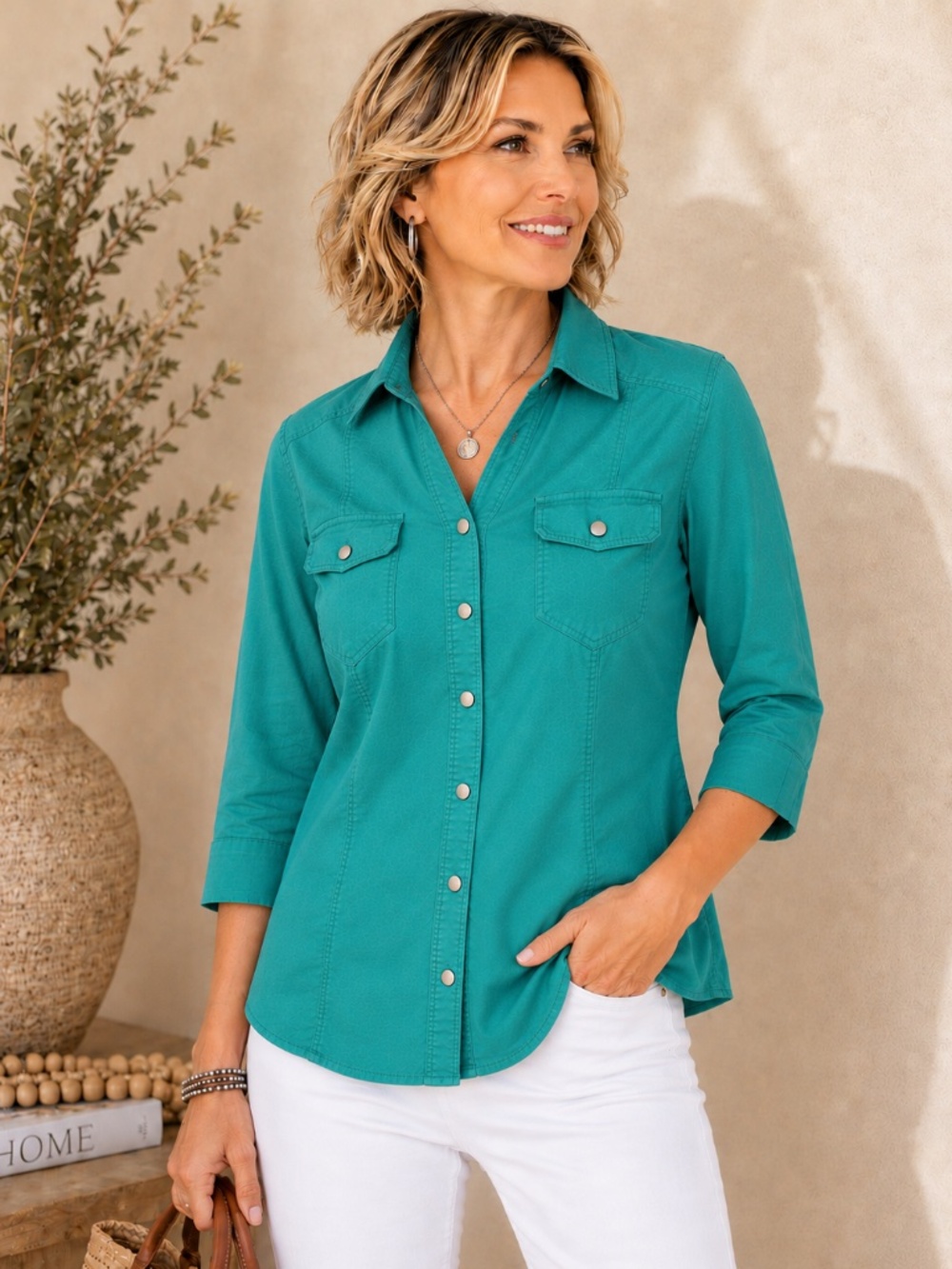 Christopher & Banks Teal Turquoise Utility Shirt Button Front Stretch Top Size S